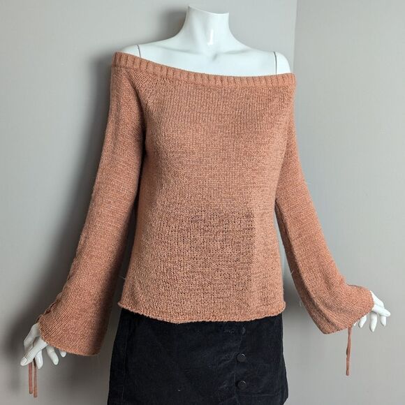 MinkPink off the shoulder knit bell sleeve tie up sleeve burnt orange M - Picture 2 of 9